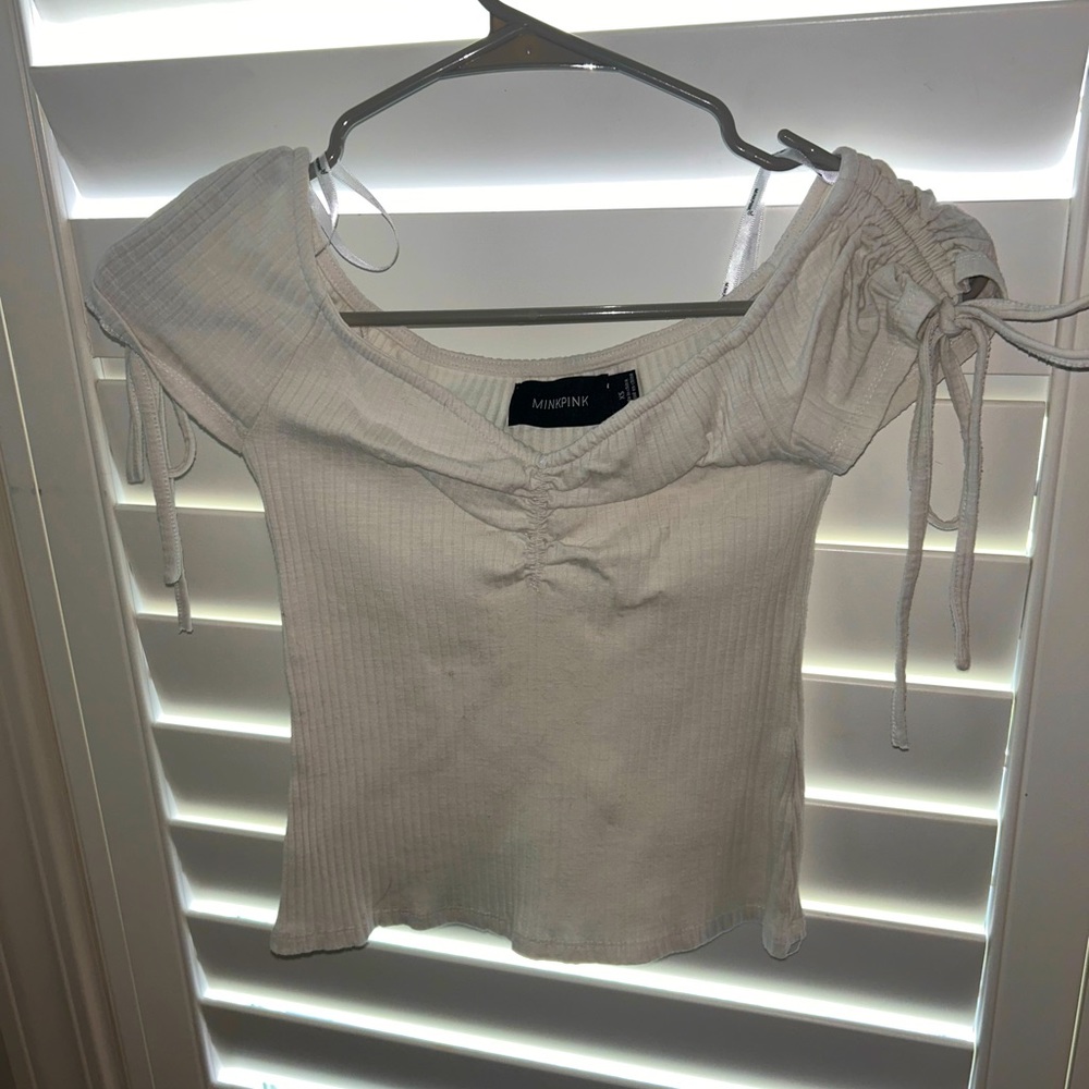 Mink Pink White Crop Top with Cinched Sleeves